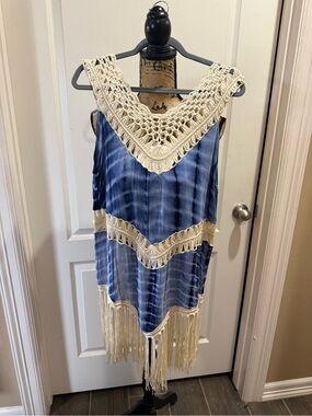 Boho Blue Tie-Dye Crochet Fringe Tunic